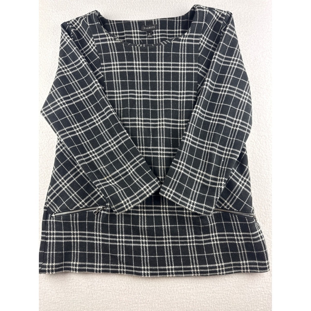 Talbots Women's Black White Plaid Square Neck Zipper Detail‎ Tunic Top Size M